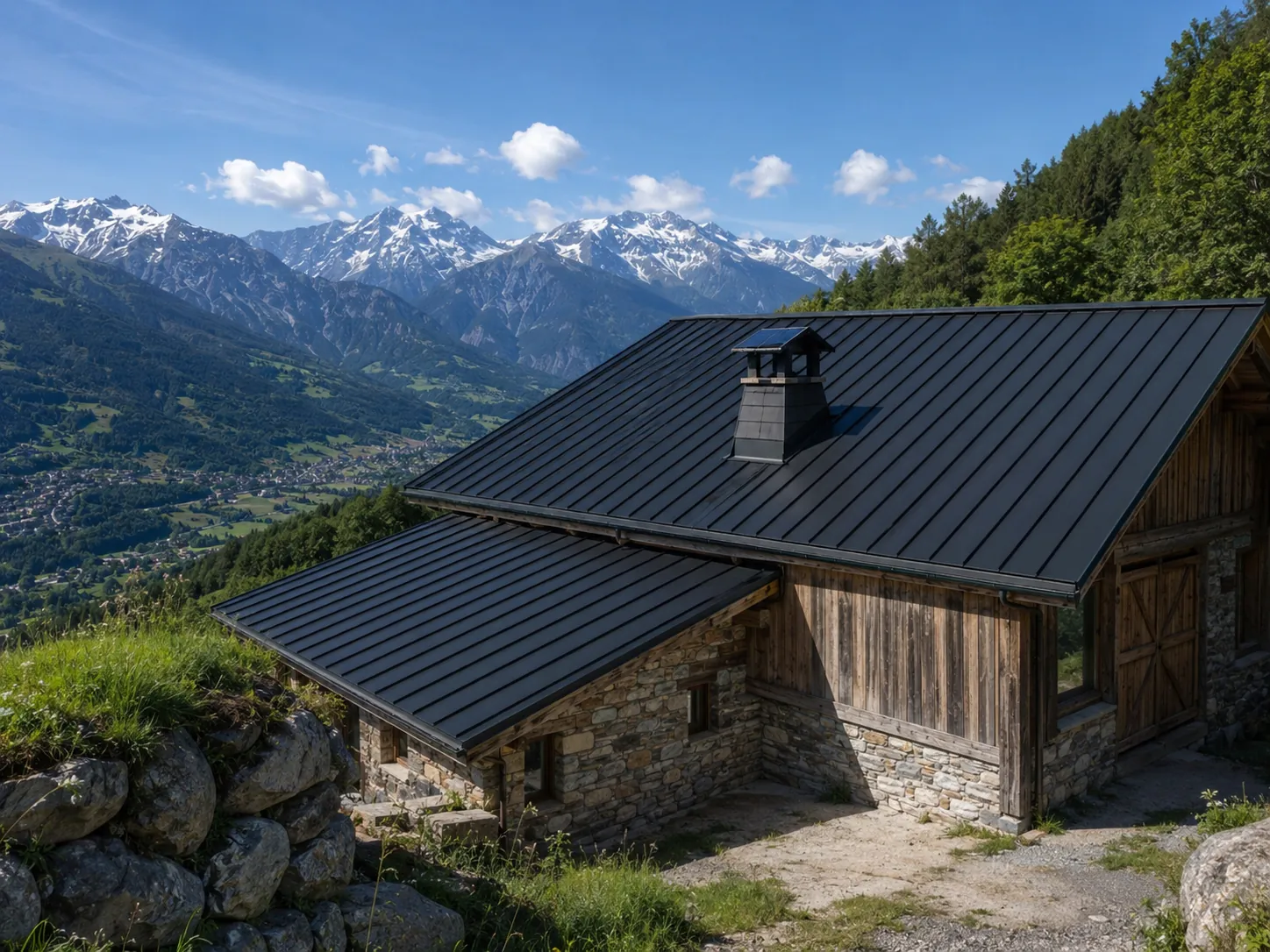 Bâtiment alpin avec toiture rénovée face aux montagnes