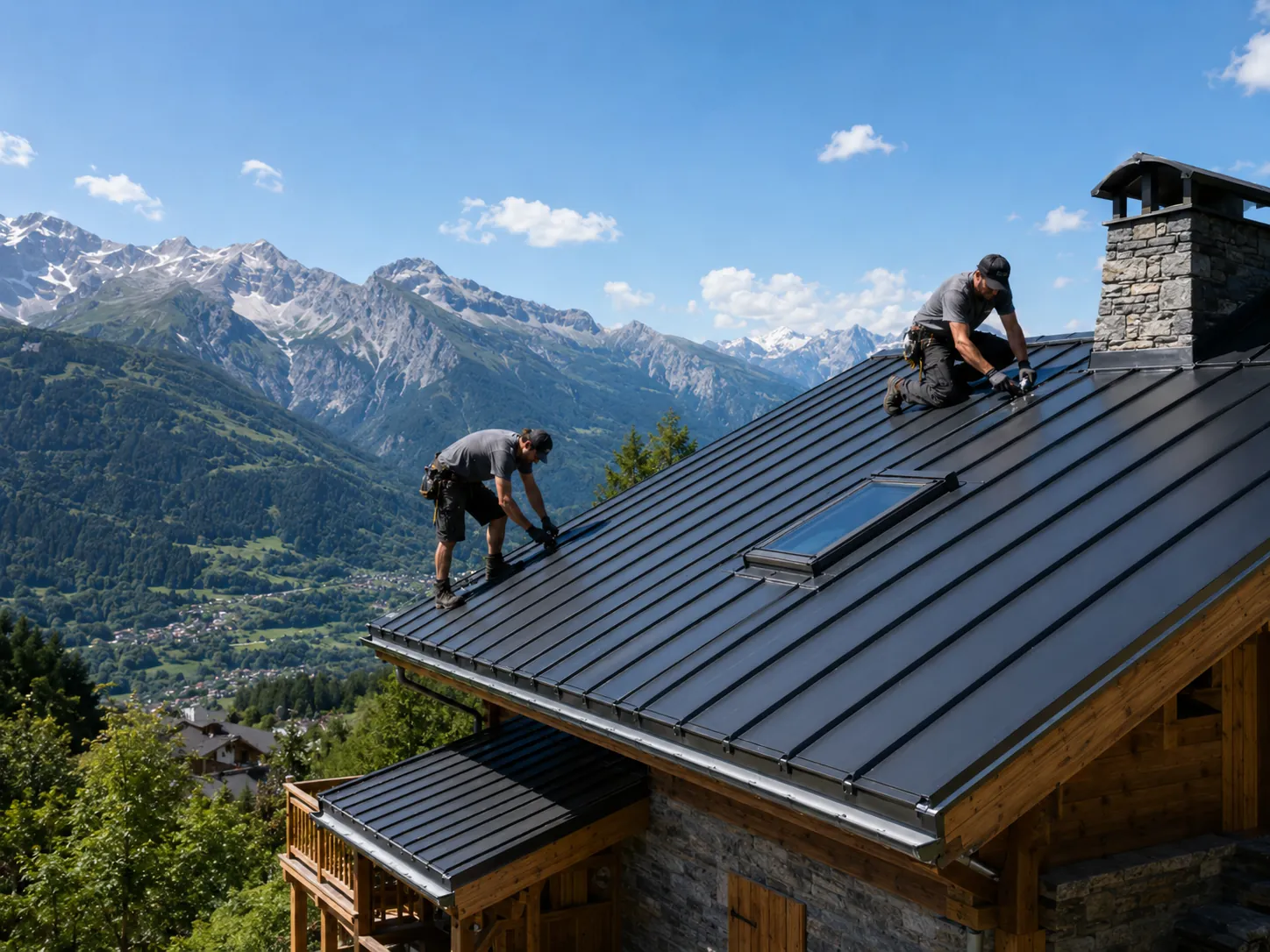 Travaux de couverture sur un chalet de montagne