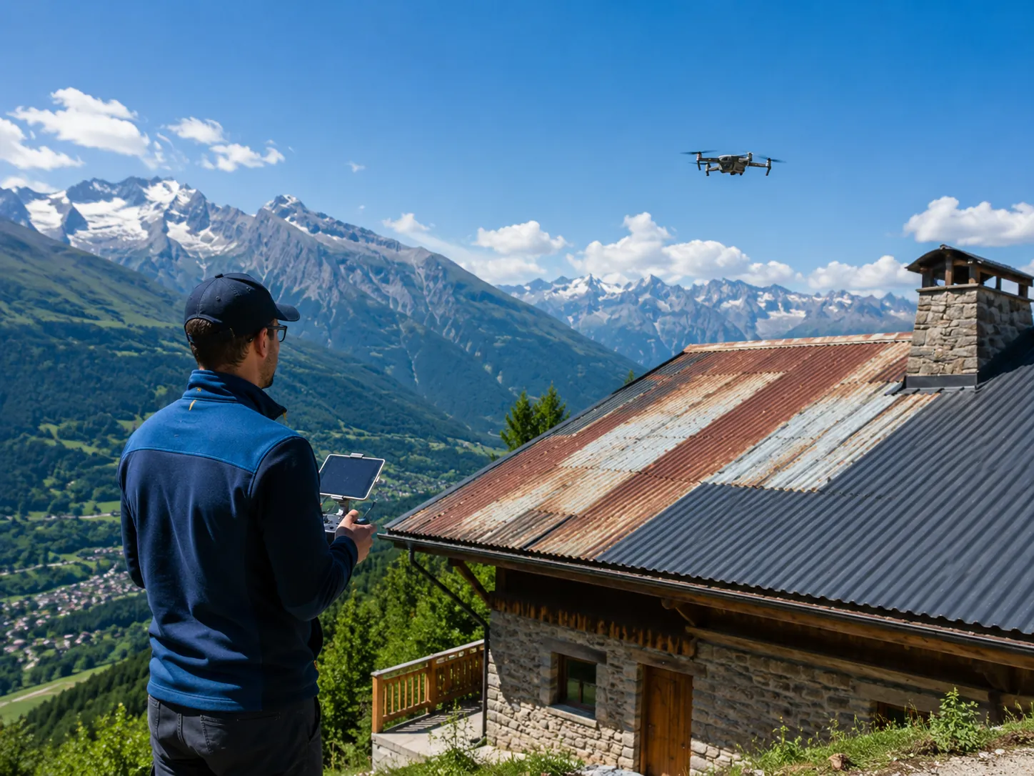 Vérification de toiture par drone en montagne